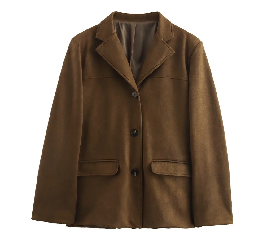 Fashionable brown suede womens jacket elegant lapel long sleeved single chest pocket jacket autumn office womens commuting jacket 240827