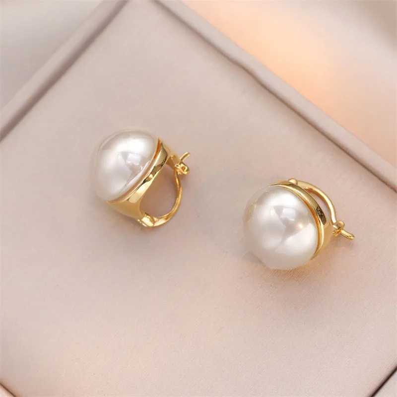White Pearl Womens Stud Earrings Gold Color Metal Studs Push Back Simulated Pearl Round Small Earrings for Female brincosX241023