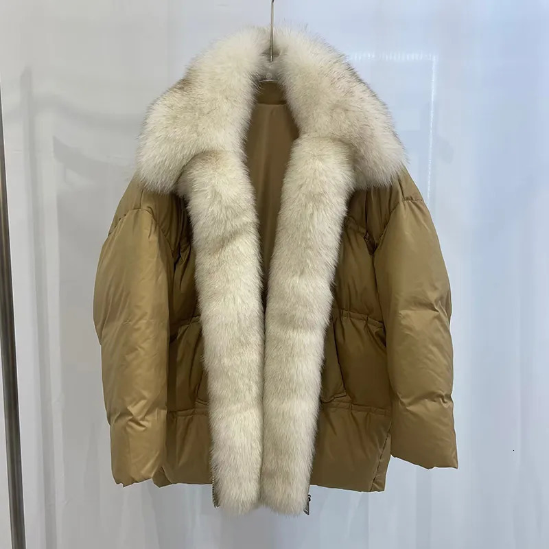 Winter fashion down jacket silver fox fur collar fluffy coat womens warm jacket goose down 241023