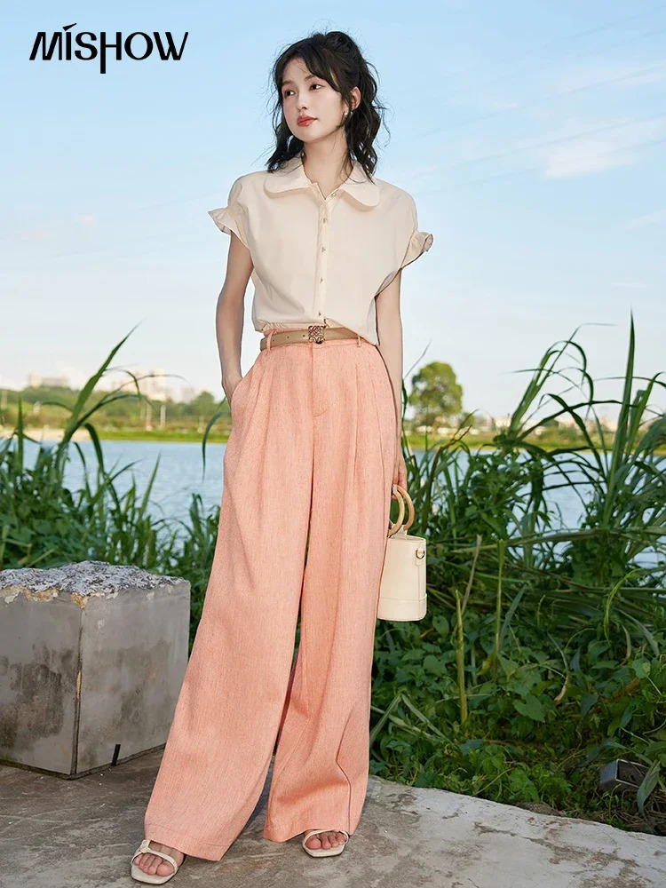 MISHOW Womens Casual Solid Pants Summer Womens French High Waist Loose Unique Straight Wide Leg Full Length Pants MXC38K0432 241023