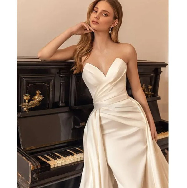 Elegant Ivory Detachable Train Dresses Mermaid Satin Church Bride Dress 2024 Women Wedding Gowns Vestido De Noiva Sereia