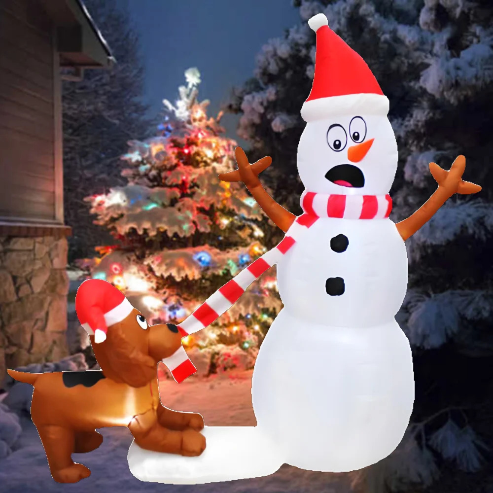 1.1M Christmas inflatable dog bite snowman scarf with built-in LED lights for party decoration outdoor courtyard lawn garden decoration 241024