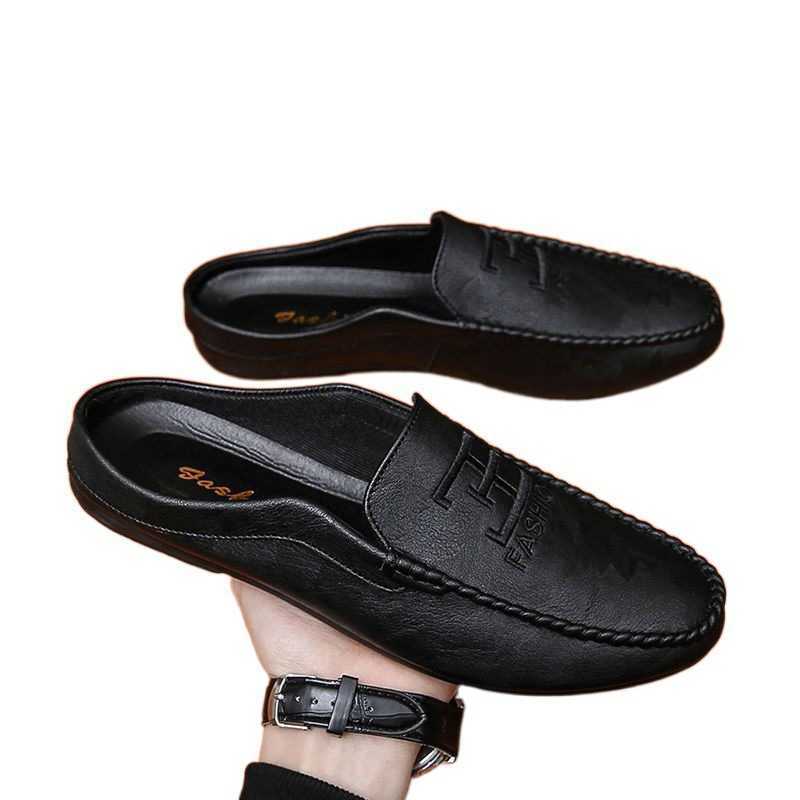 Men Dress Shoes Bean Shoes Mens New Style Mens Half Slippers For Outdoor Wear Summer Breathable Lazy Shoes One Foot No Heel Leather Shoes 241009
