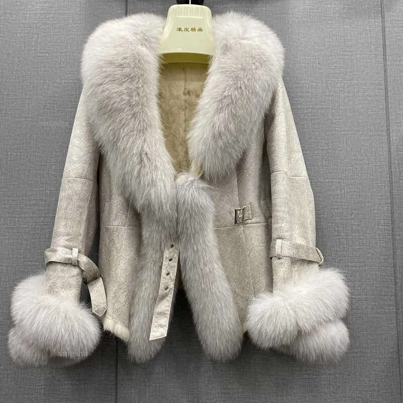Winter Real Coat Genuine Rabbit Skin Leather And Jackets With Natural Fur Collar Ladies Outwear Oversize 211018