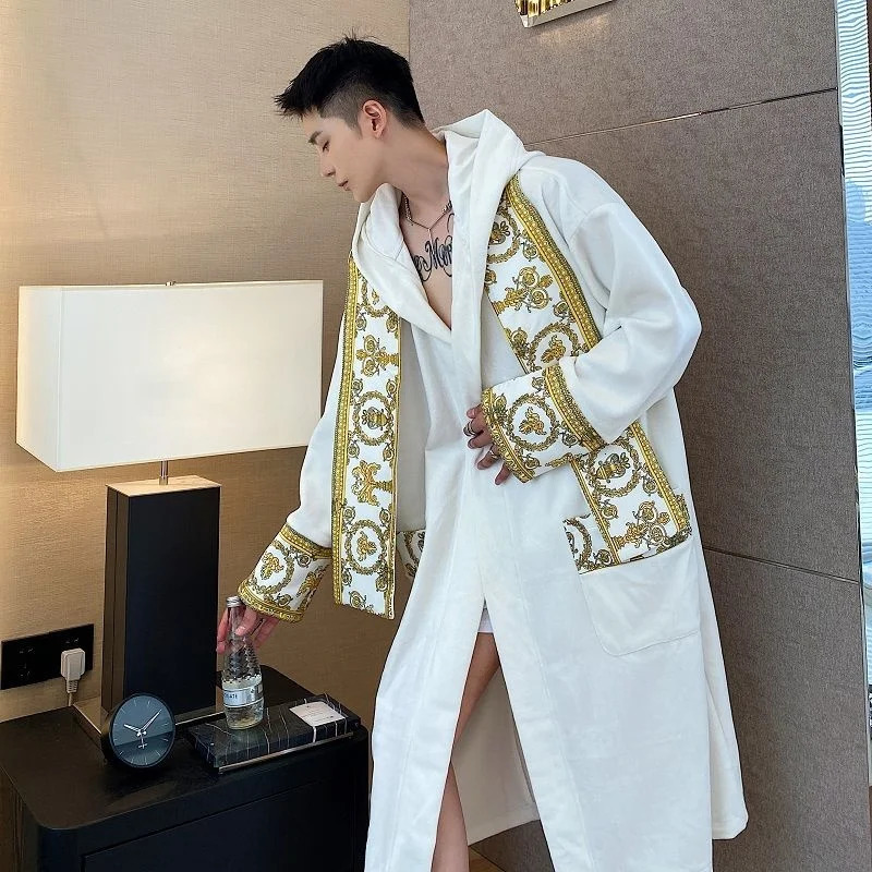 IEFB Winter Thick Comfortable Velvet Light Hoodie Long Night Light Mens Fashion Robe Belt Warm Clothes 9Y9924 241023
