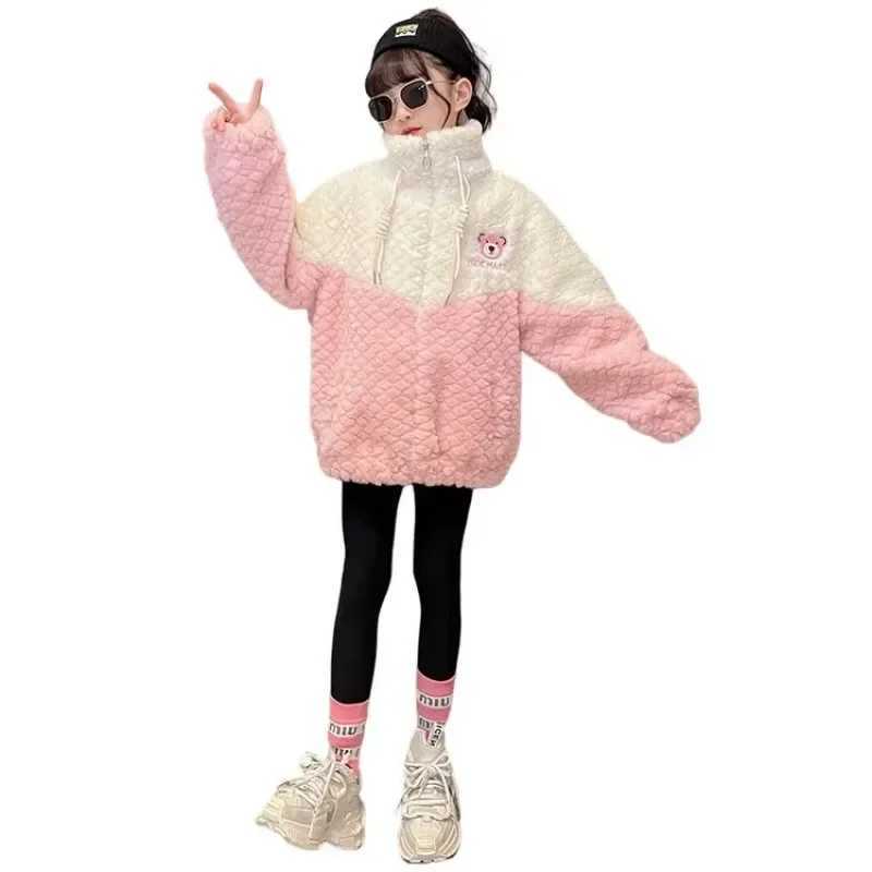 Girls winter coat fashionable sweater warm jacket cute bear bag thick plush coat high-end childrens clothing W241023