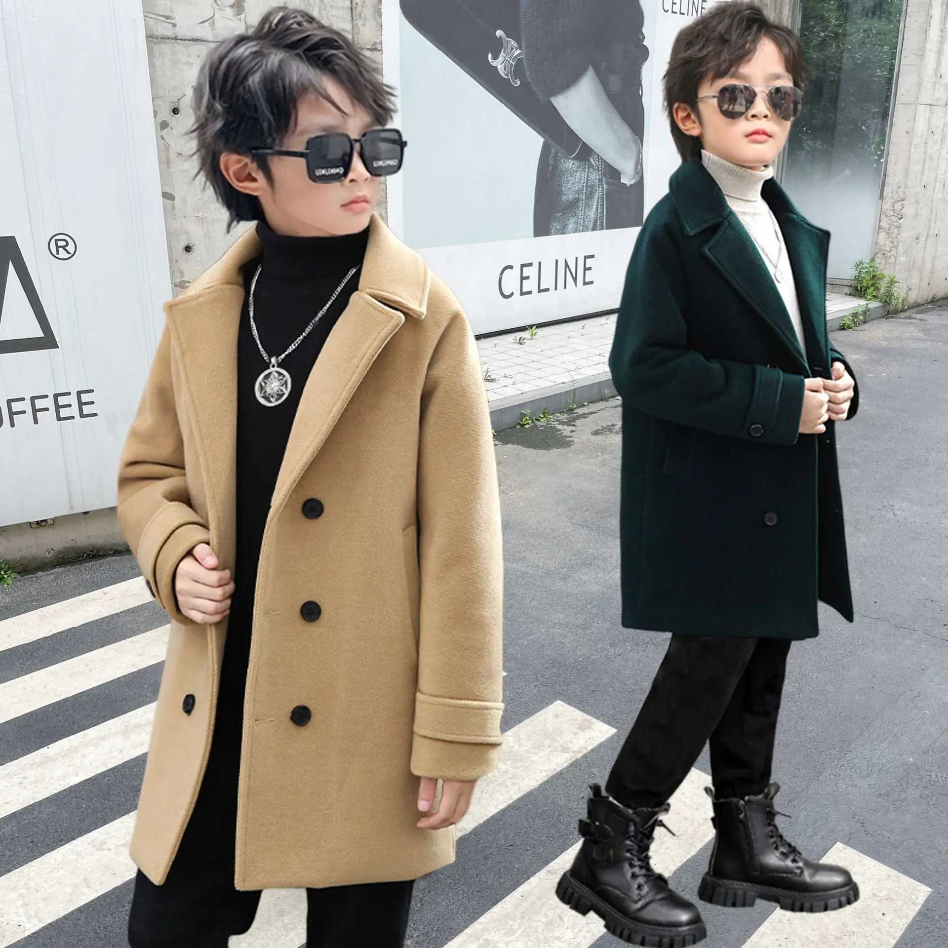 Childrens Winter Green Khaki Wool Coat Boys and Girls Fromal Birthday Par Photography Wool Coat Childrens Windproof Outdoor Long Jacket W241023