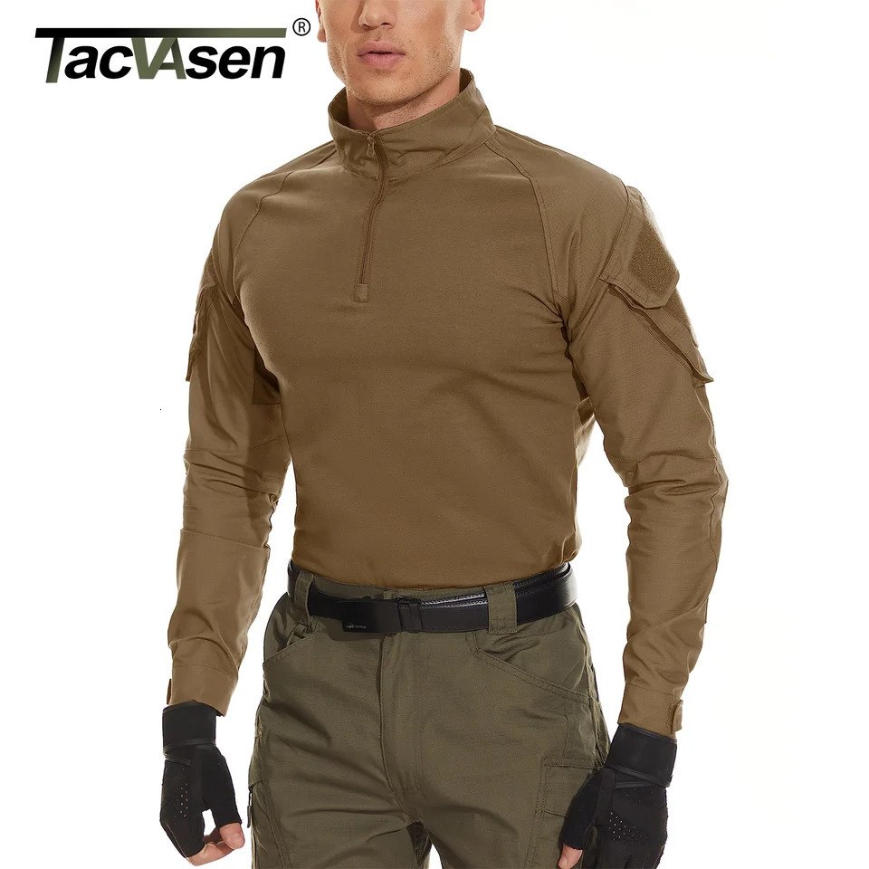 TACVASEN long sleeved 1/4 zipper slim fit T-shirt with pockets mens summer battle T-shirt cotton polyester training suit 241023