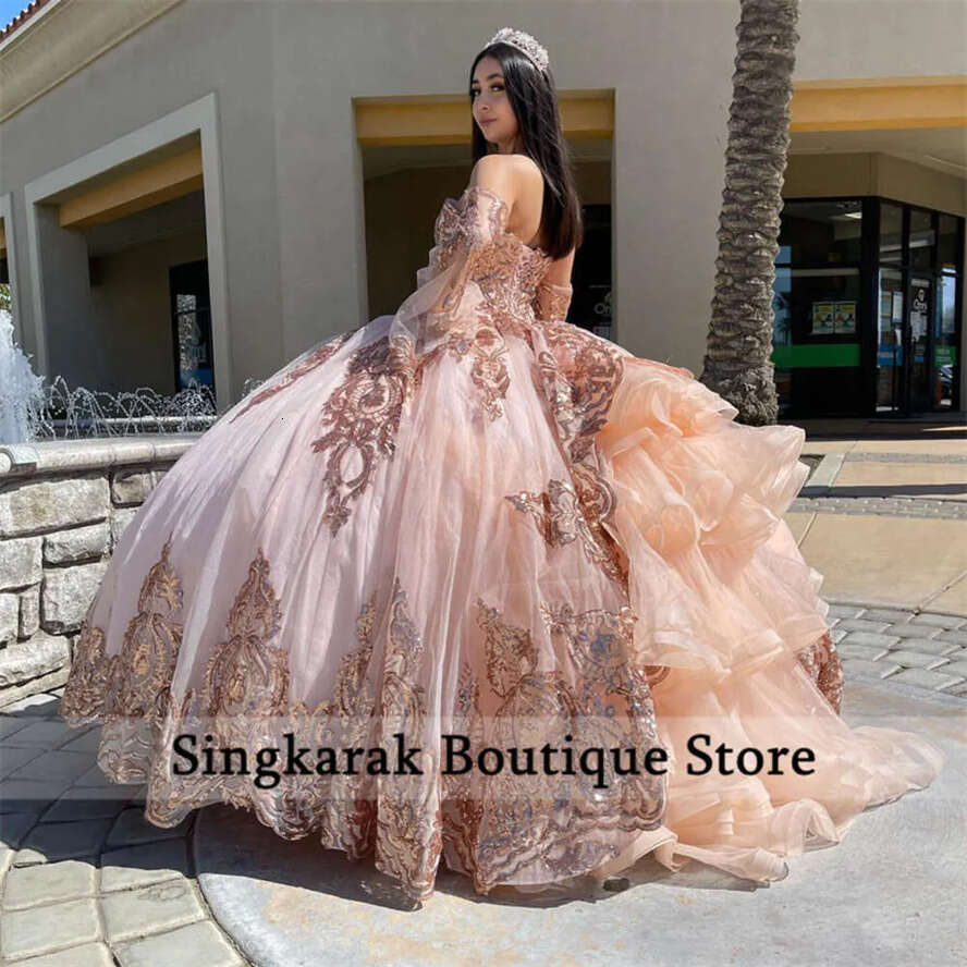 Glitter Pink Princess Quinceanera Dresses Bell Gloves Rose Gold Sequins Appliques Sweet 15Th Prom Party Vestidos Ruffles