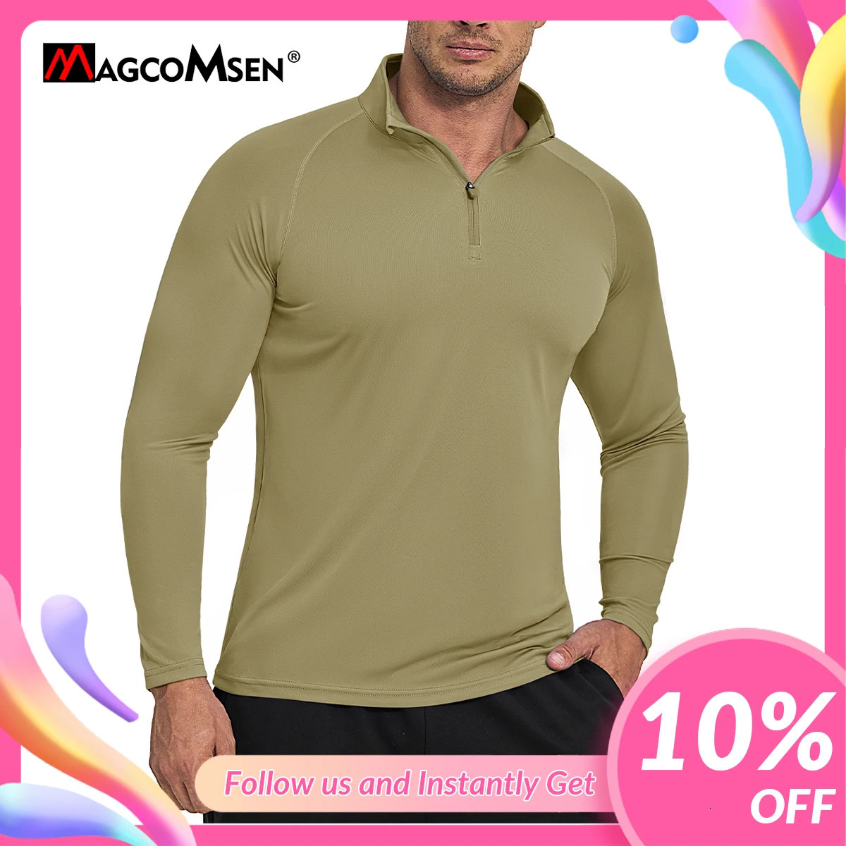 MAGCOMSEN Long sleeved Mens Sun Shirt UPF 50Triple 1/4 Zipper Pulled Matte Blue Hiking Protective T-shirt Performance UV Top 241024