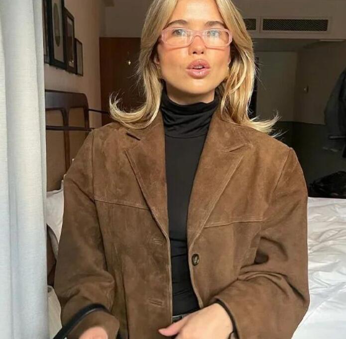 Fashionable brown suede womens jacket elegant lapel long sleeved single chest pocket jacket autumn office womens commuting jacket 240827