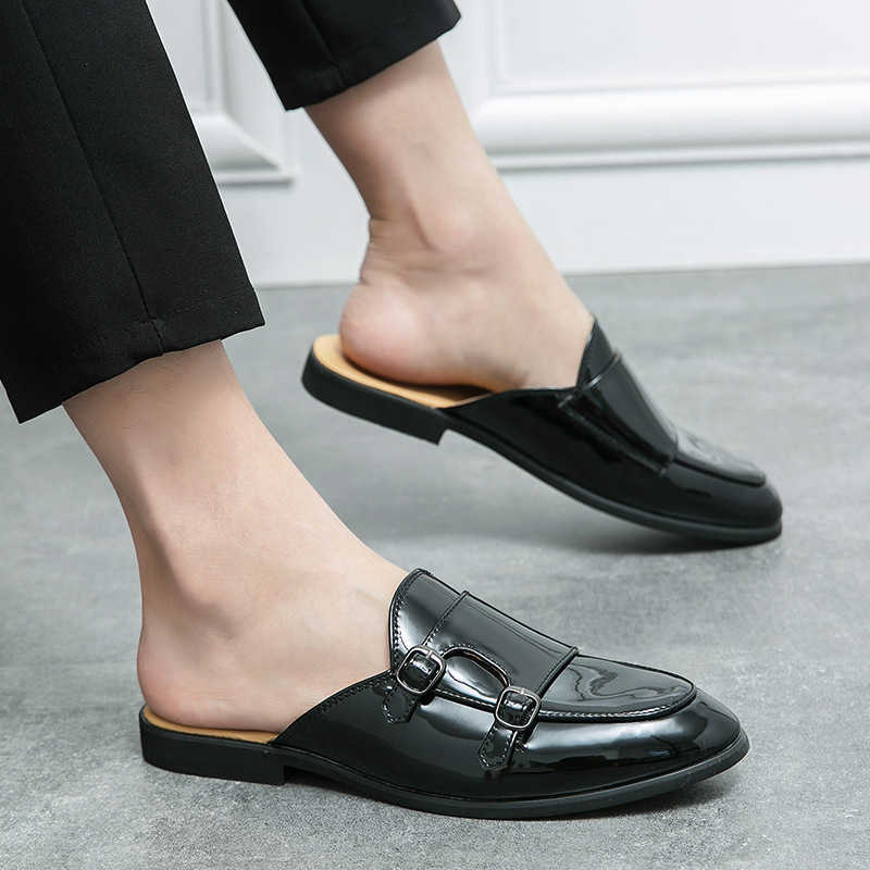 Men Dress Shoes Large Pointed Casual Shoes Leather Shoes Summer New Breathable British Half Drag Sandals Trendy Shoes 241009