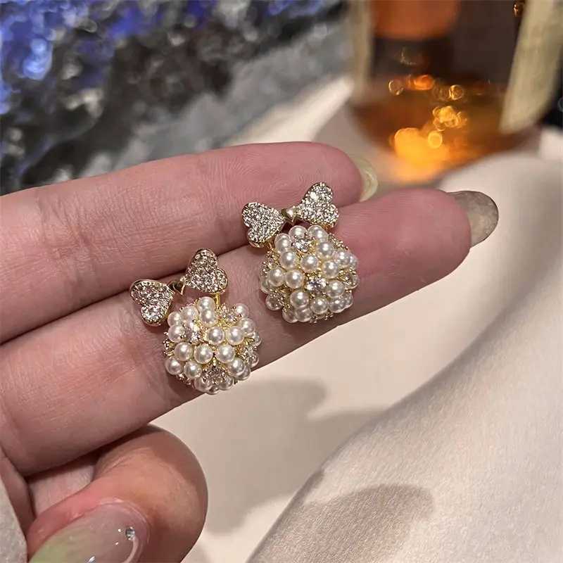 Elegant Bow Rhinestone Imitation Pearl Stud Earrings for Woman Korean Fashion Party Girls Temperament Jewelry Gift AccessoriesX241023