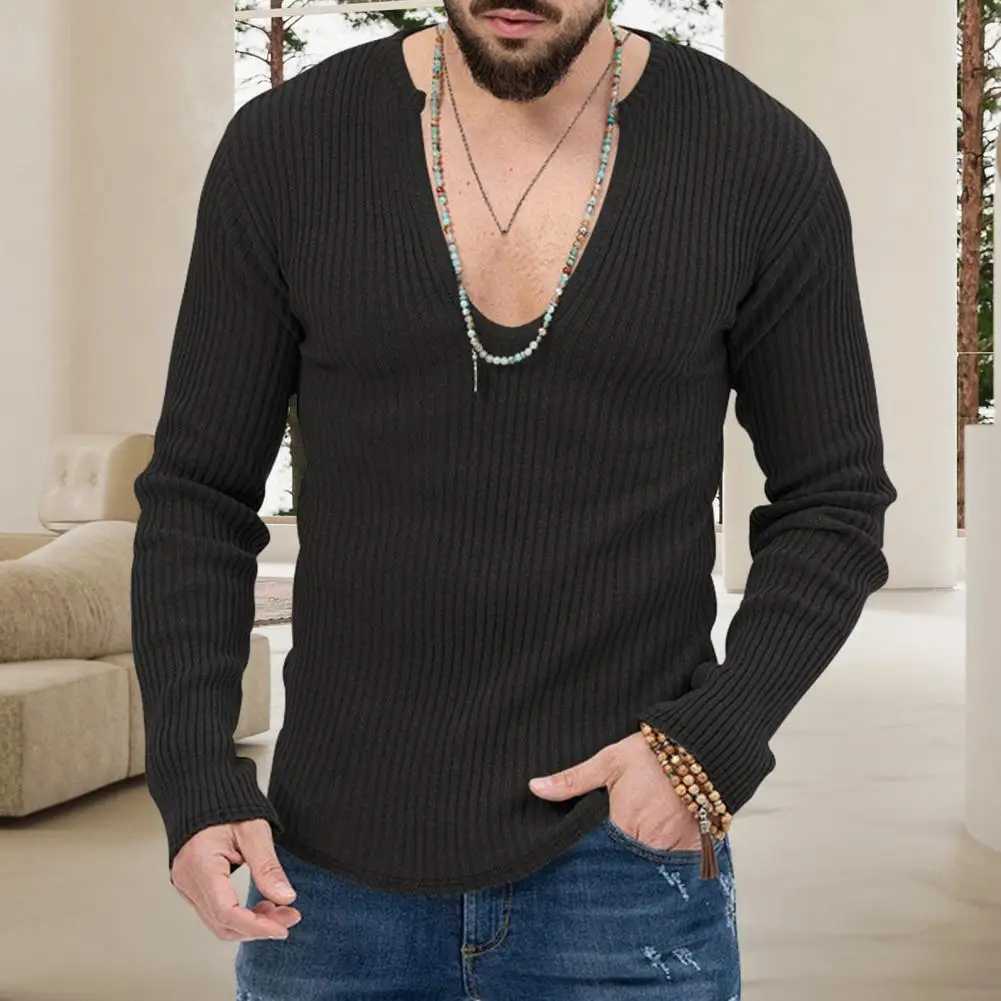 Men Long Sleeve Sweater Men Cotton Blend Sweater Mens Deep V Neck Knit Sweater with Ribbed Long Sleeves Slim Fit Solid for Fall LX241024