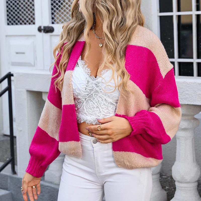 Women's Knits Color Matching Large Size Cardigan Sweater Lantern Sleeve Fashion Casual Coat Elegant Trend Coats