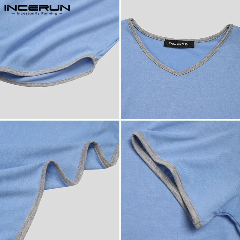 INCERUN mens patch work pajamas summer short sleeved V-neck mens loose and comfortable mens casual solid evening gown plus size 241023