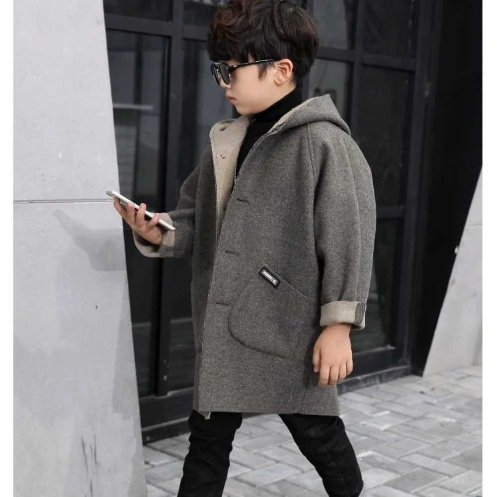 Boys Korean single chest solid thick warm pocket design 2023 new mid length trench coat wool jacket W241023