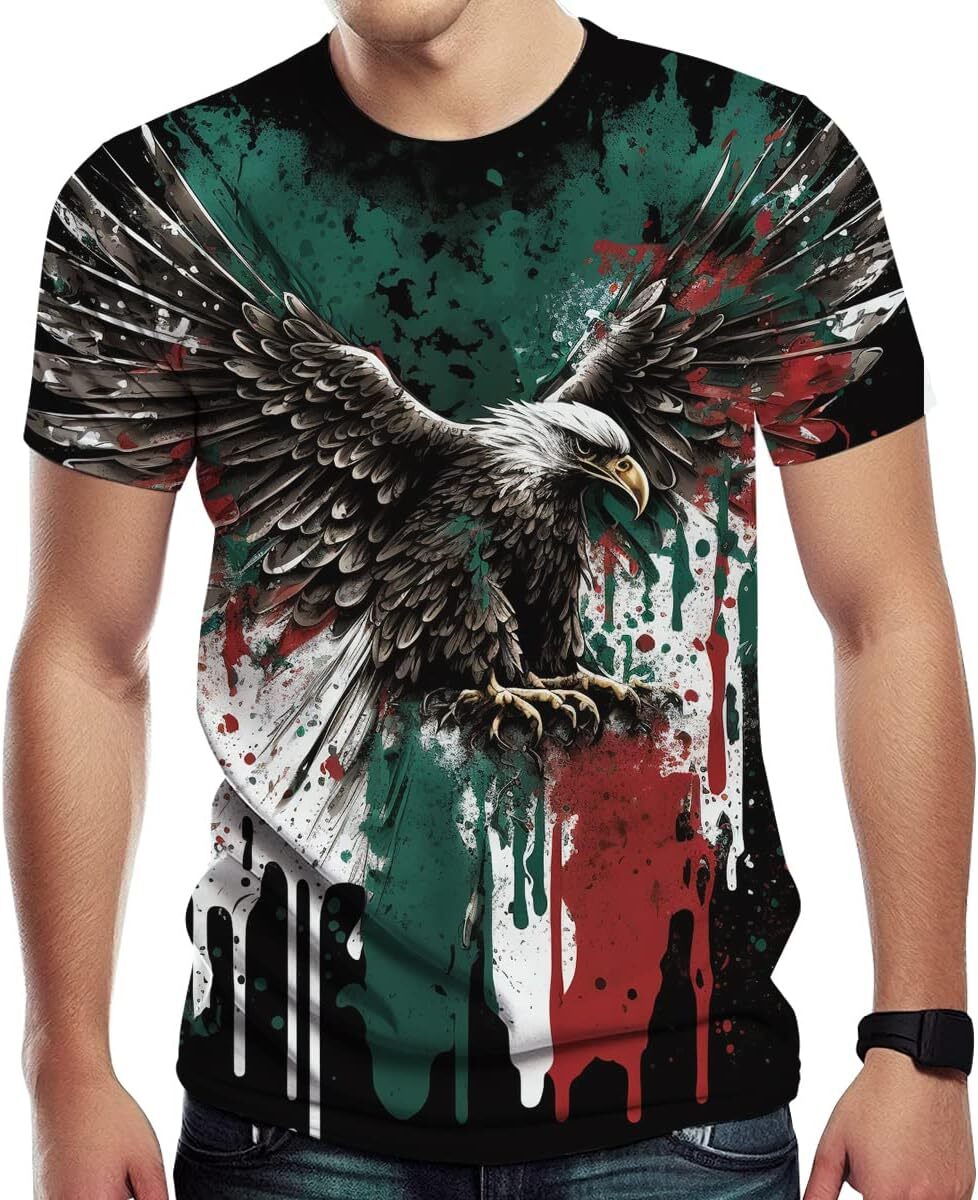Mens T shirt Novelty Cool Mexican Flag and Eagle Print Short Sleeve T Shirt for Men's tee Casual tops summer clothes Breathable cool