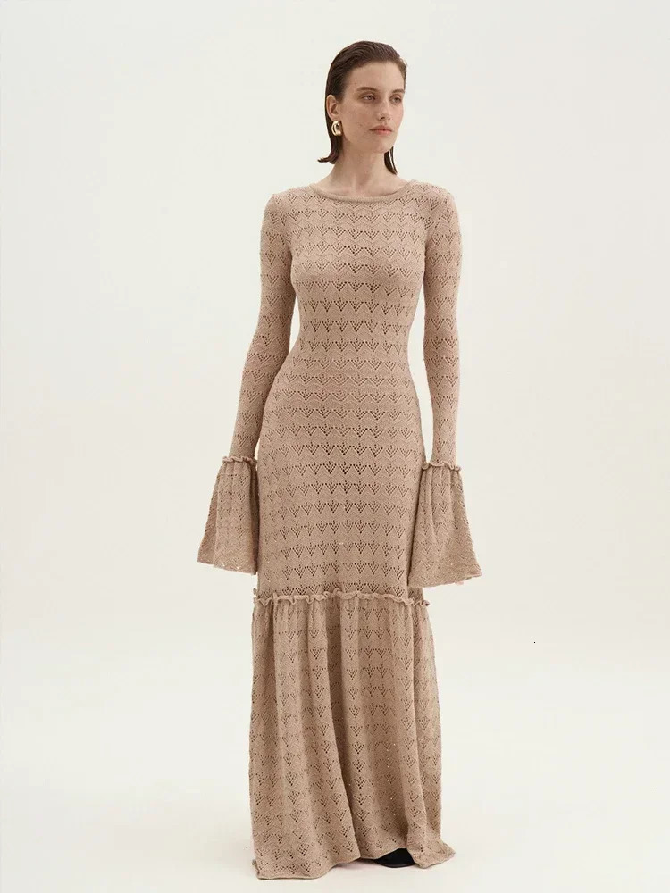 Womens elegant O-neck sexy hollow pleated sleeve dress autumn Russian womens knitted long dress A2935 241024