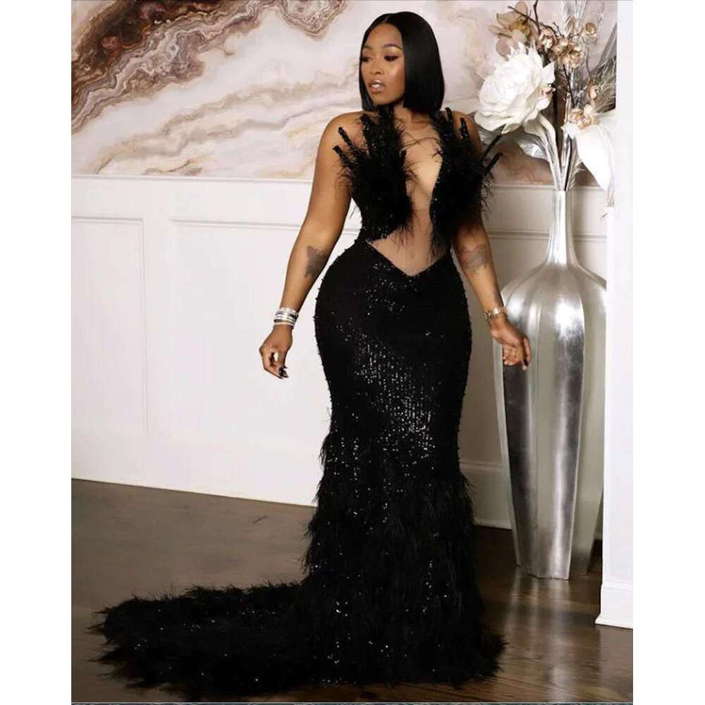 Girls Feather Evening Gowns Sweep Train Women Formal Party Dress Robe De Soiree Sparkly Black Mermaid Prom Dresses bc19667