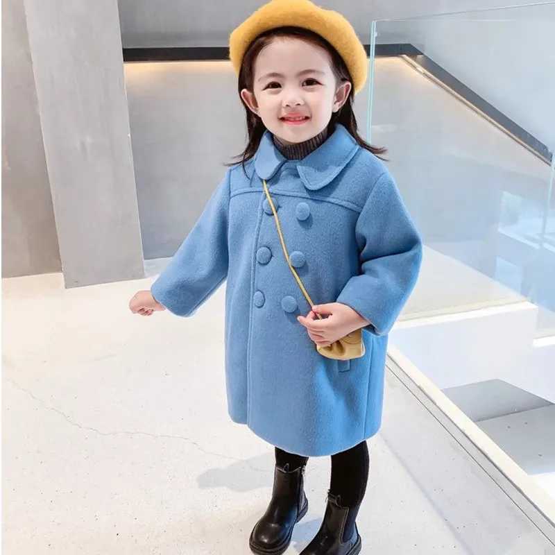 Childrens medium length wool cotton coat 2024 winter girl baby Korean thick double-layer warm casual jacket W241023