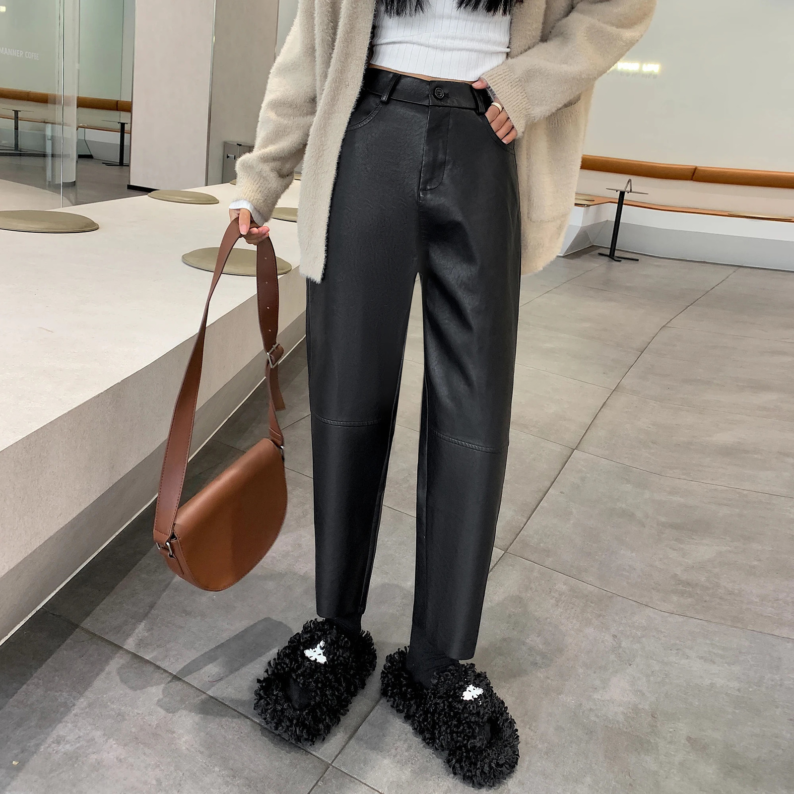 Autumn Winter PU Leather Retro Womens Ankle Pants High Waist Zipper Black Straight Pants Womens Pocket 241023