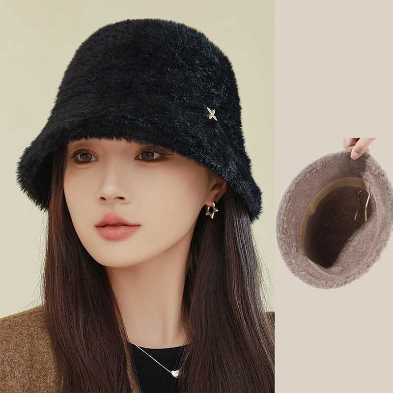 Elegant pearl bucket hat plain color fisherman INS hat autumn and winter fur wool cute outdoor warm Panama hat for ladies X241023