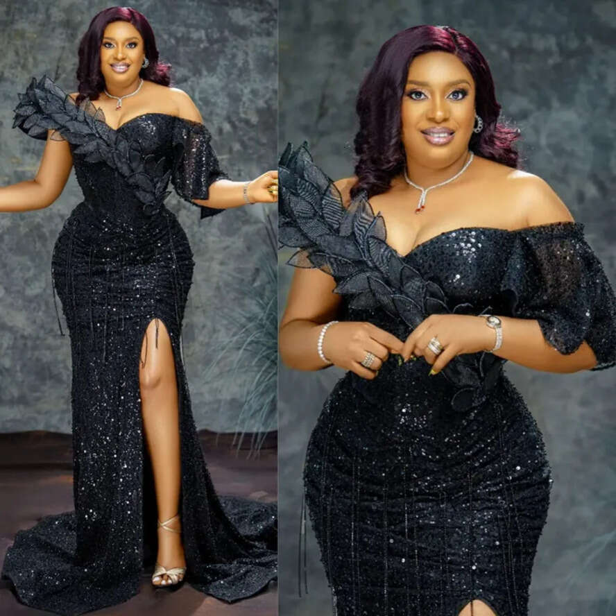 Plus Size Aso Ebi Prom Dresses Mermaid Beading Sequined Evening Dress For Black Girls Second Reception Gala Sparkg Afrian Arabic Simple Dinner Gowns 0