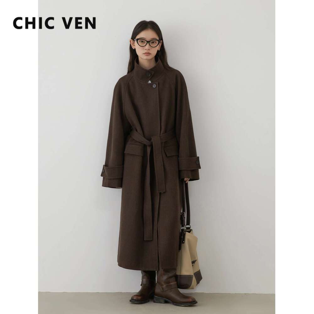 CHIC VEN Women's Overcoat Single Breasted Loose New Long Coat Stand-Up Collar Female Topcoat With Belt Autumn Winter 2024
