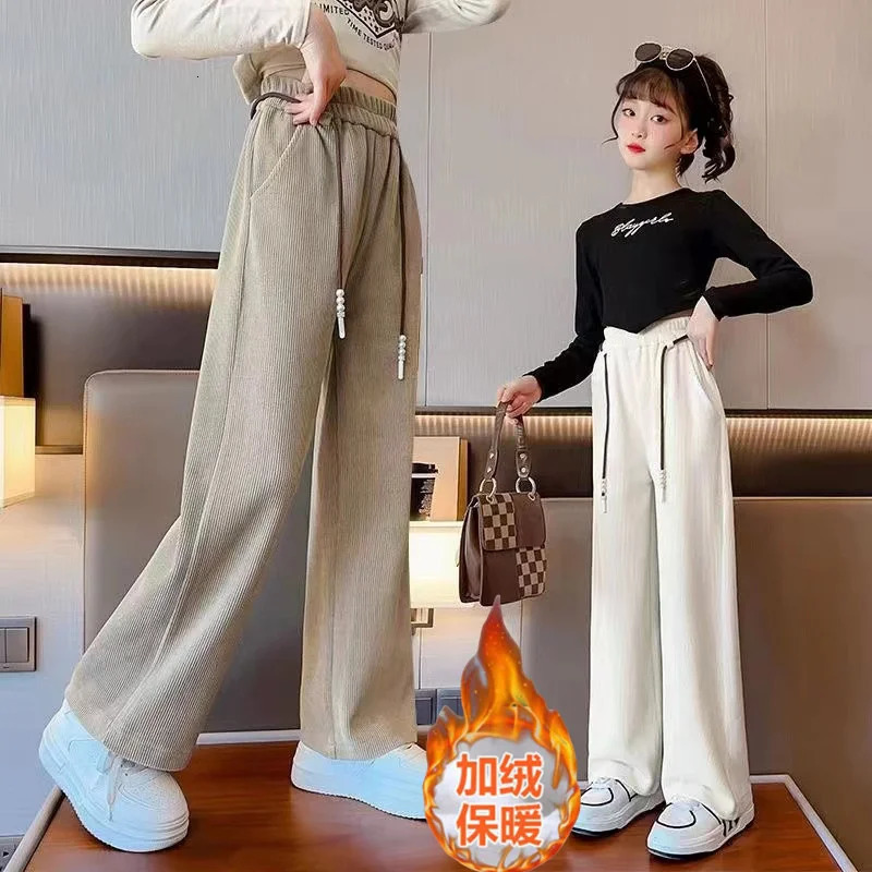 Autumn and Winter Corduroy Trousers Girls Velvet Wide Leg Sports Pants Fashion Loose Casual Pants Childrens Sports Straight Pants 241024