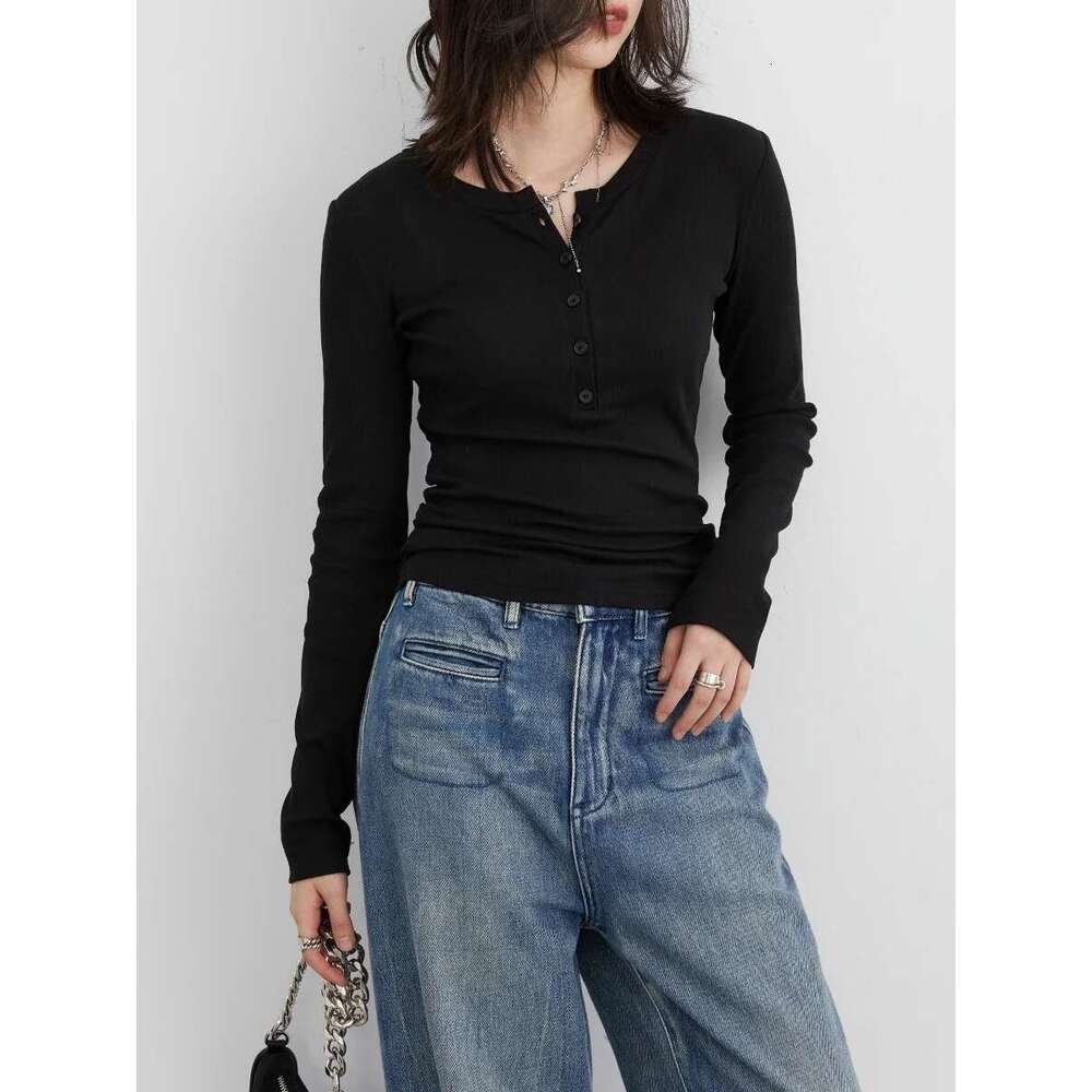 CHIC VEN Women T-Shirts Solid New Half Open Neck Button Long Sleeved Tees Bottom Top Female Clothing Spring Autumn 2023