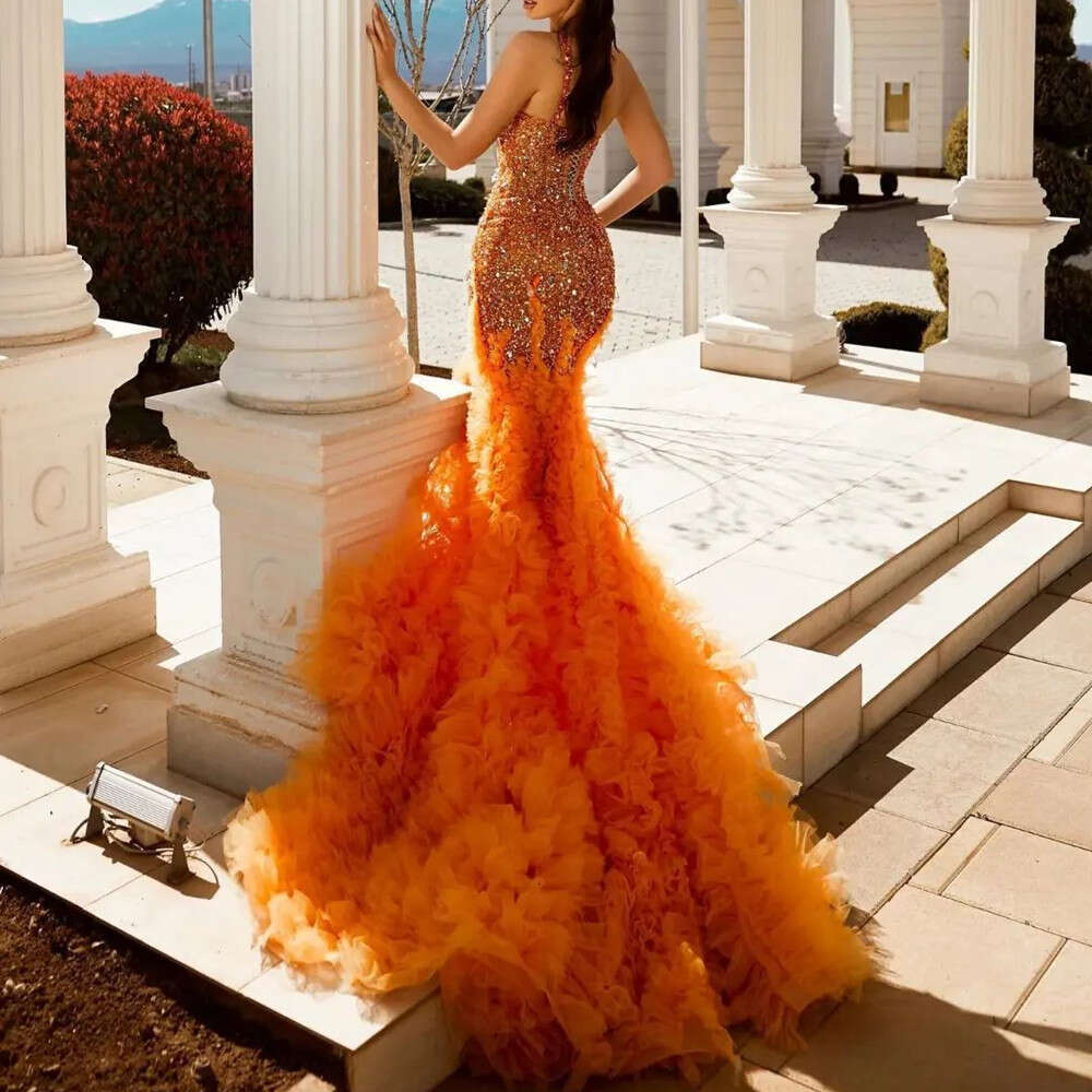 2023 Sequins Prom Dresses Sexy One Shoulder Tiered Ruffles Gowns Party Dress Special Occassion