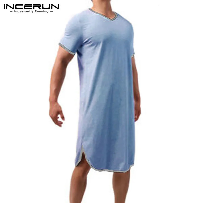 INCERUN mens patch work pajamas summer short sleeved V-neck mens loose and comfortable mens casual solid evening gown plus size 241023