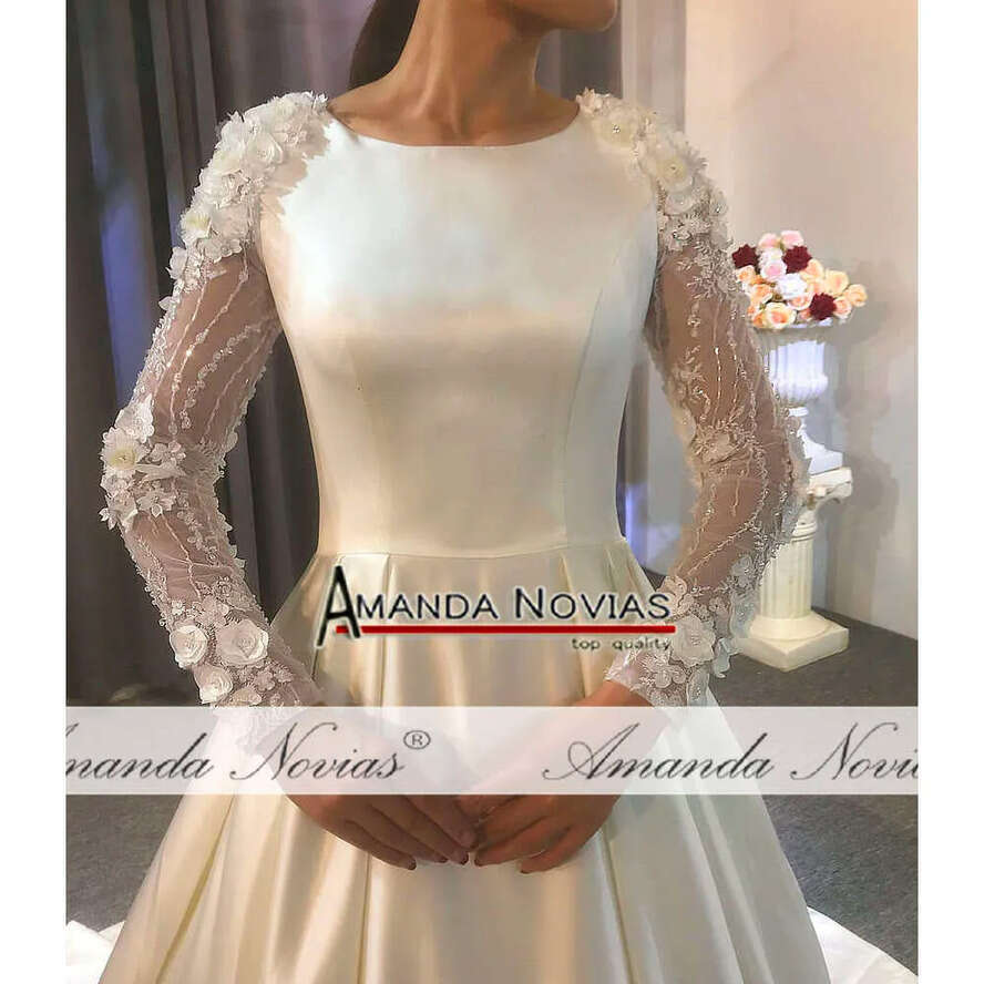 Simple Elegant Plain Satin Wedding Dress With Long Sleeves Real Work Photo