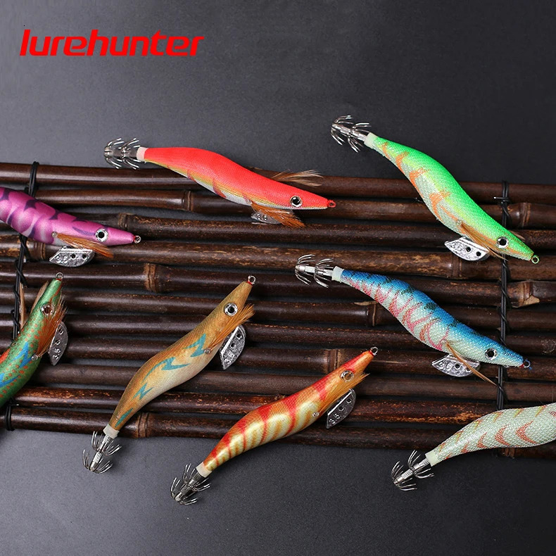 10PCS with Shrimp Bag 3D Printing 25 30 35 Hook Luminous Squid Jig Fishing Wood Lure Cuttlefish Jigs Lures 241024