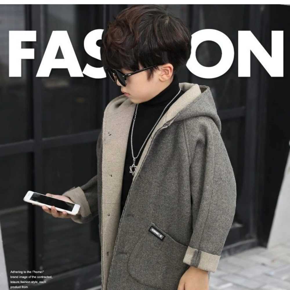 Boys Korean single chest solid thick warm pocket design 2023 new mid length trench coat wool jacket W241023