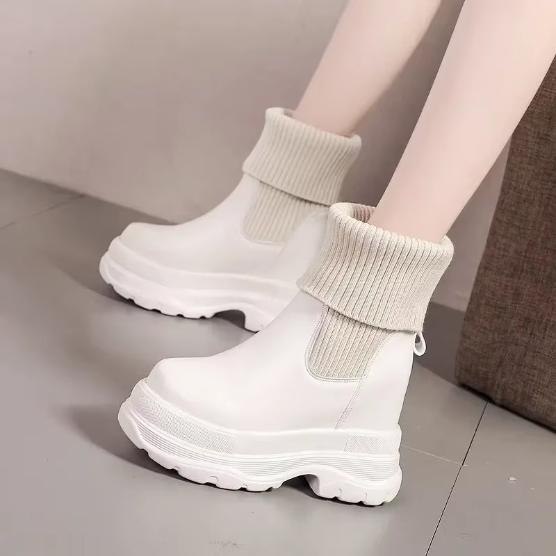 Womens French Increase 10Cm Martin Ankle Winter Shoes Warm Non-Slip Black And White Snow Designer Women's Lace-Up Boots