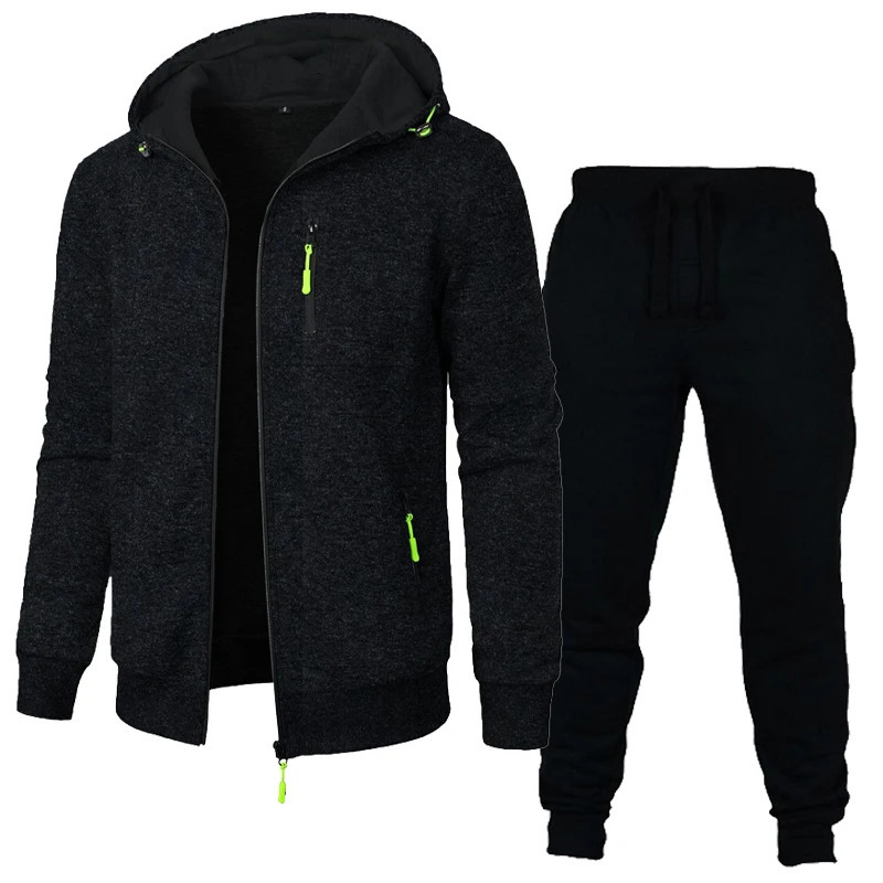 Mens long sleeved sportswear mens zipper hooded set oversized warm jacket jacket outdoor track and field wear mens streetwear 2-piece set 241024