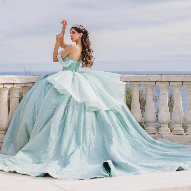 Light Green Shiny Quinceanera Dresses Ball Gown Off The Shoulder Beaded Diamonds Tiered Mexico Corset Sweet 16 Dress Vestidos De 15 Anos