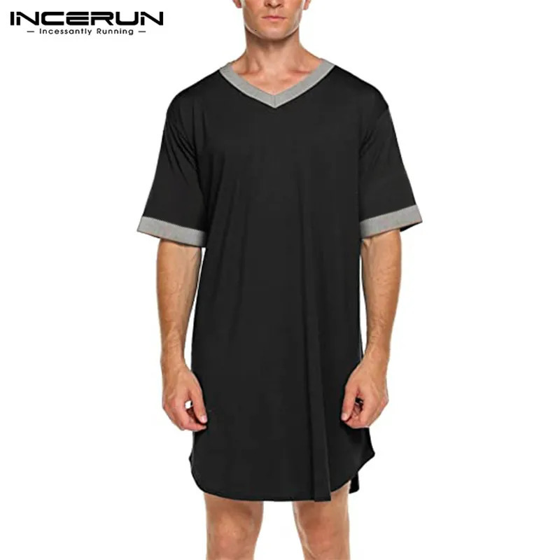 INCERUN Mens Nightgown Fashion Patchwork Solid Sleepwear Short Sleeve Bathroom Loose V-neck Home Wear S-5XL 241023