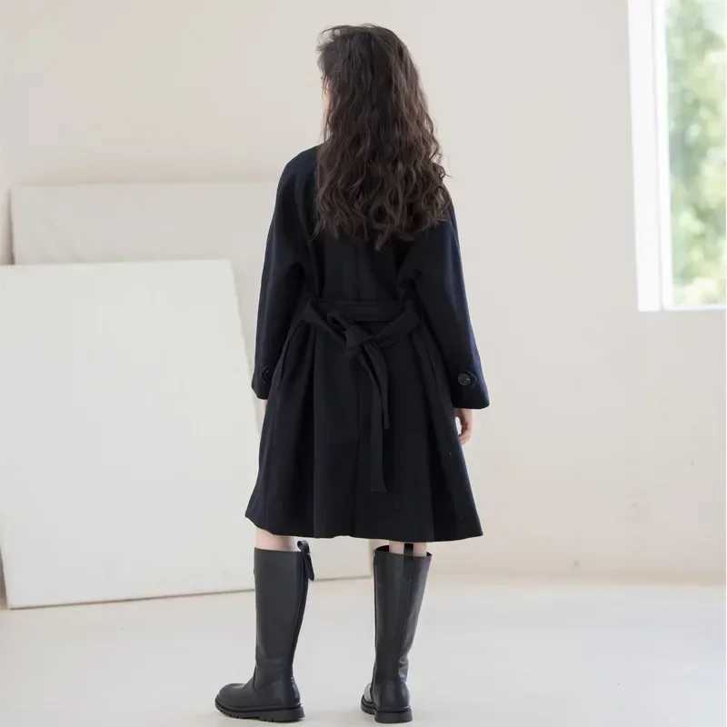 Winter girls wool coat long double-sided coarse tweed childrens coat fashionable casual gray 10 12 14 year old teenagers coat W241023