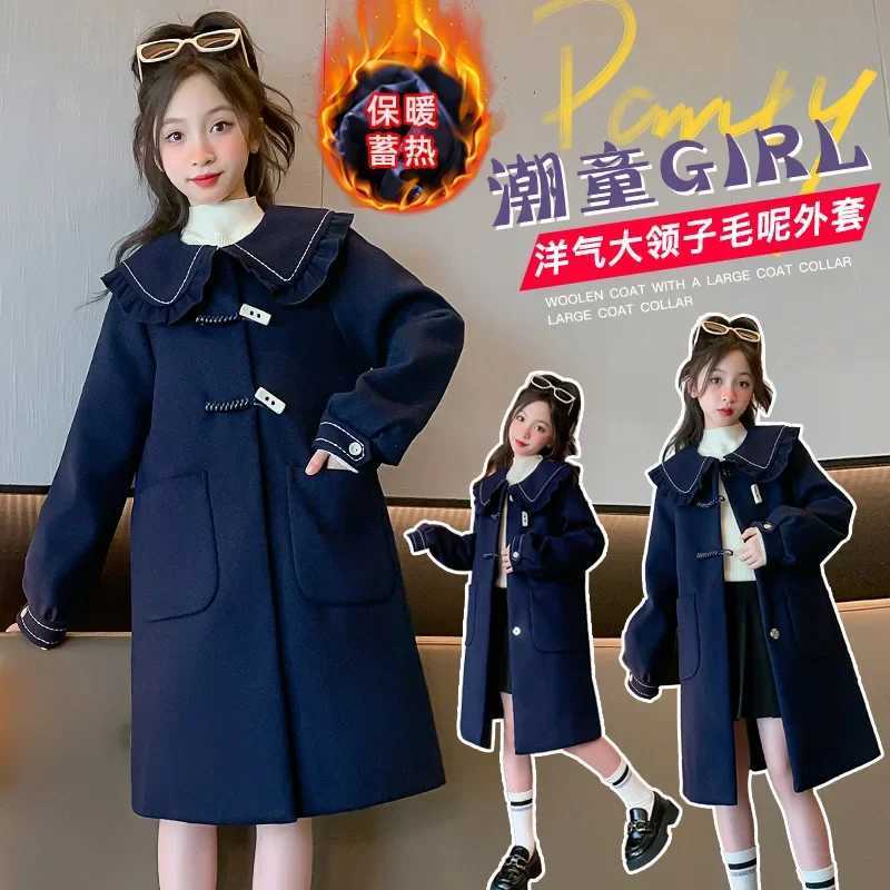 Womens wool coat windproof jacket 2024 navy blue warm and thick winter cotton coat plus size childrens clothing W241023