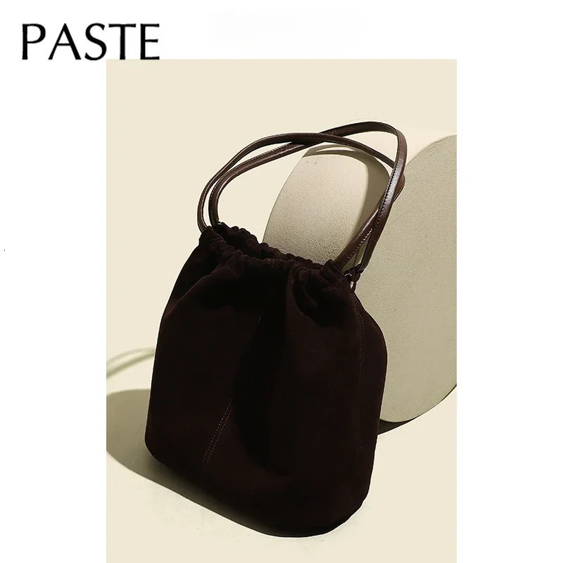 2025 Autumn Winter Simple Ruched Bucket Tote Coffee Color Matte Suede Cow Leather Women Handbag Rope Strap Shoulder Bag 241021