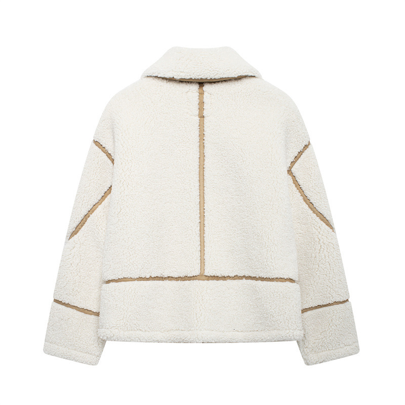 Womens Winter Faux Fur Coats Fleece Zip Up Sherpa Moto Jackets Trendy Warm Leather Patchwork Long Sleeve Sheepskin Outerwear