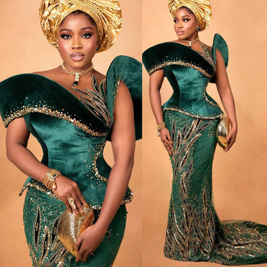 Aso Ebi Dark Green Mermaid Prom Dress Beaded Sequined Lace Veet Evening Formal Party Second Reception Birthday Engagement Gowns Dresses Robe De Soiree
