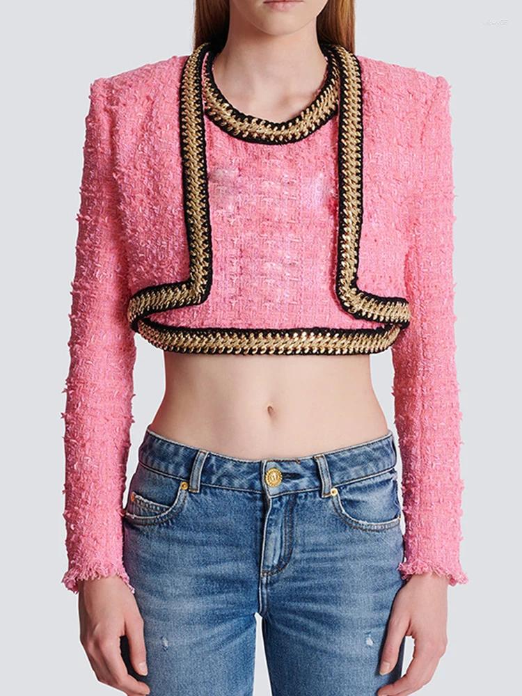 Work Dresses 2024 Autumn Trends Fashion Handmade Chain Short Tops Tweed Woolen Jacket Mini Skirt Festival Outfits Women