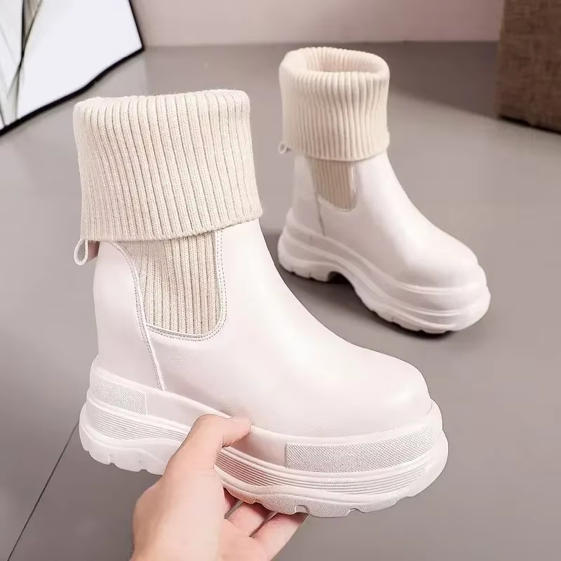 Womens French Increase 10Cm Martin Ankle Winter Shoes Warm Non-Slip Black And White Snow Designer Women's Lace-Up Boots