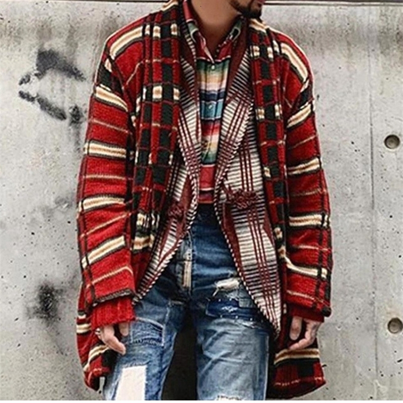 Autumn and Winter Mens Fashion Europe The United States Plaid Knit Cardigan Long Casual Loose Large Size Sweater Coat Men 241008