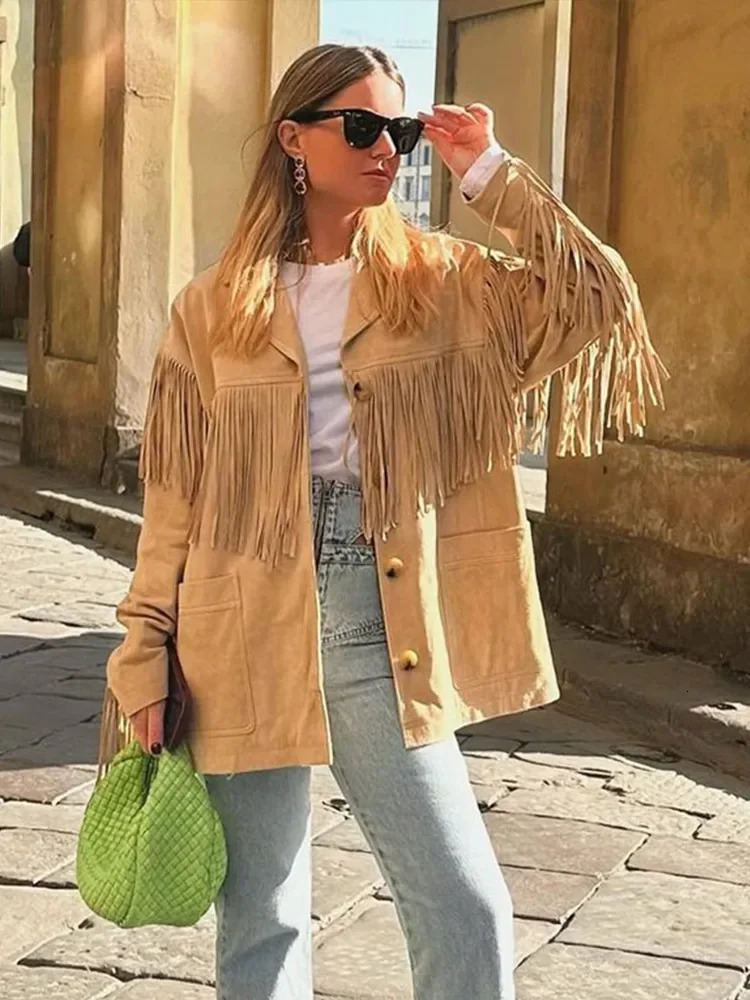 Retro suede fringe womens jacket long sleeved lapel jacket autumn single chest womens jacket 241019