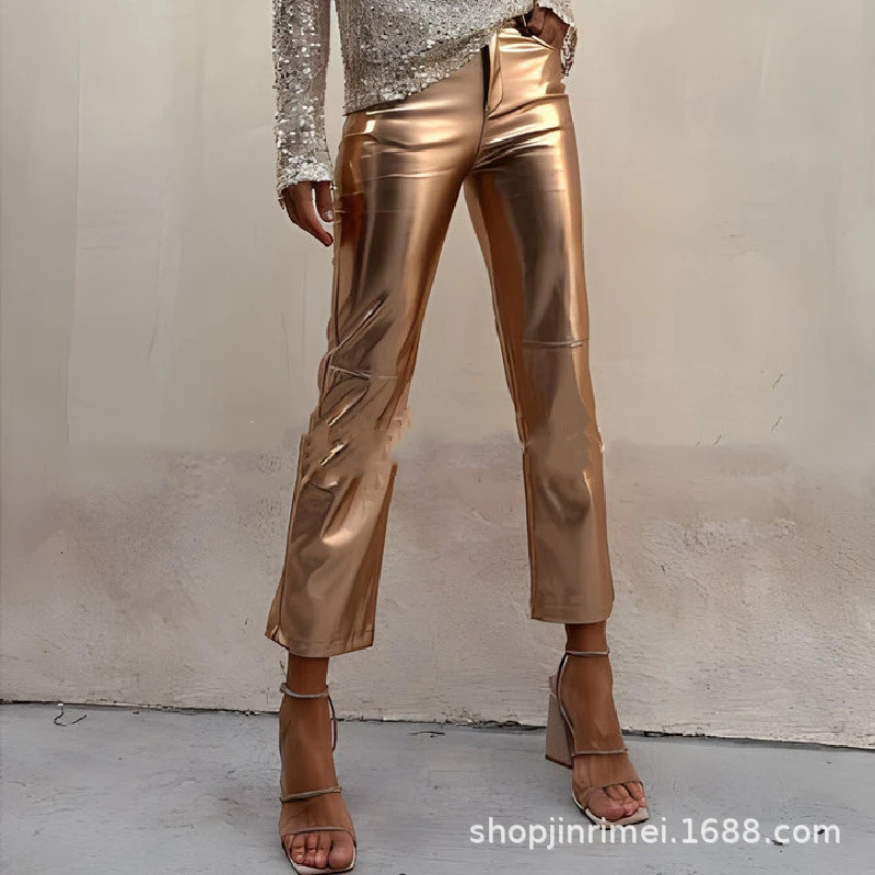 US Summer Womens Patch Work Elastic High Waist Pocket Bright Face Fashion Solid Color Ultra Thin Casual Pants 241023